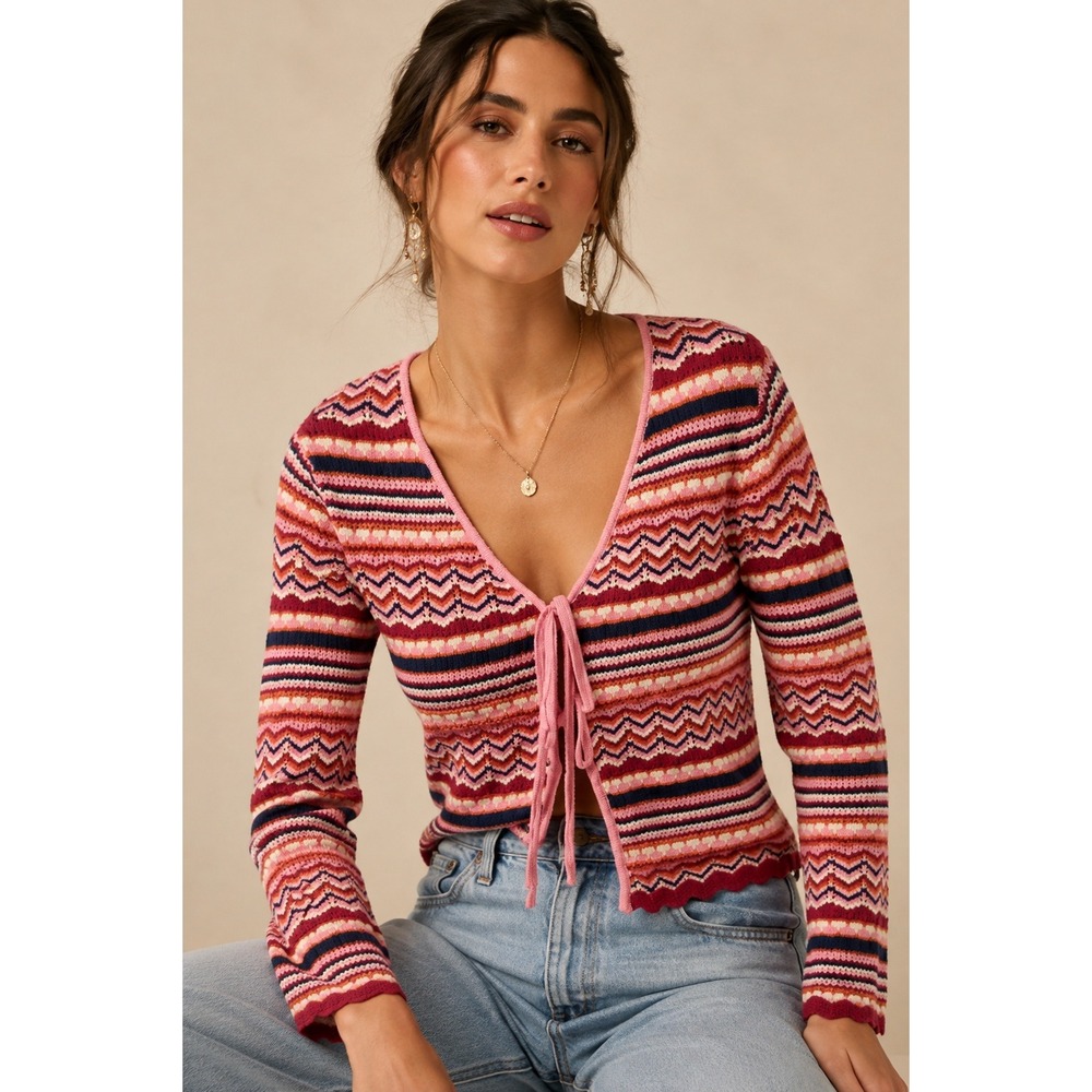 Jessica Simpson Chevron Tie Front Knit Cardigan Sweater Pink Multicolor Size M